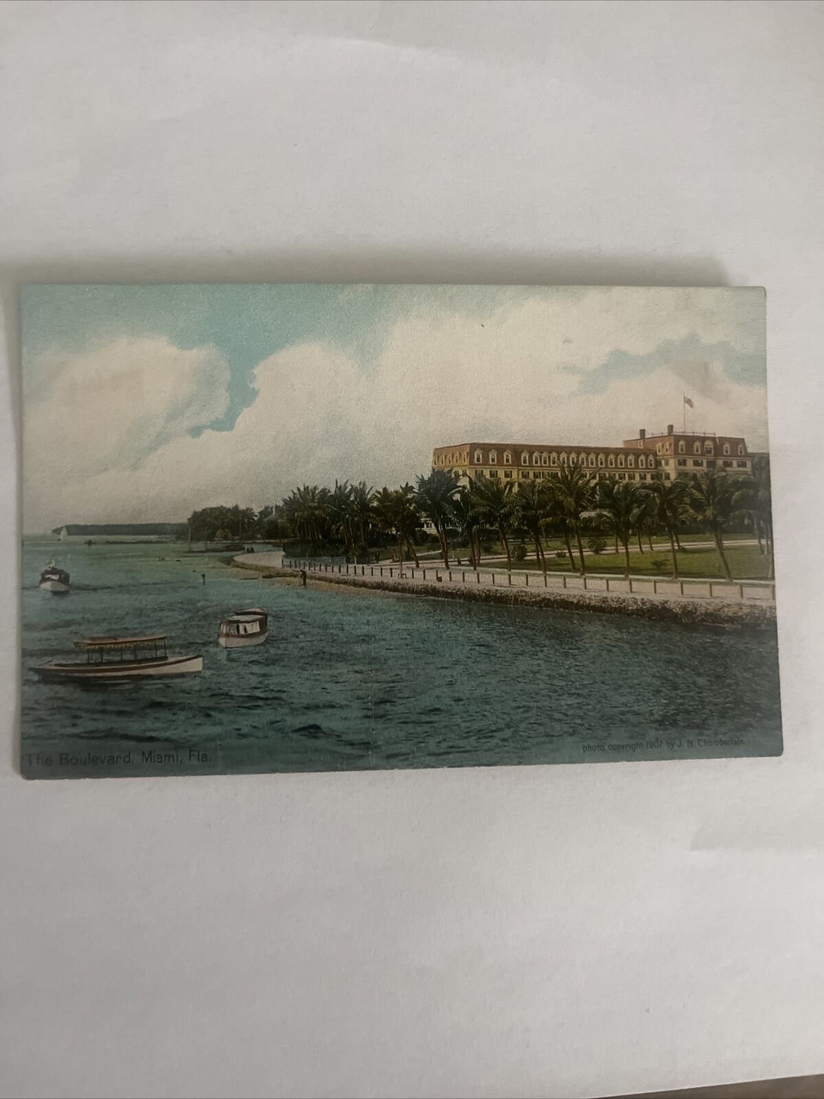 c1910\'s The Boulevard Boats Lined Trees Seaside Building Miami Florida Postcard