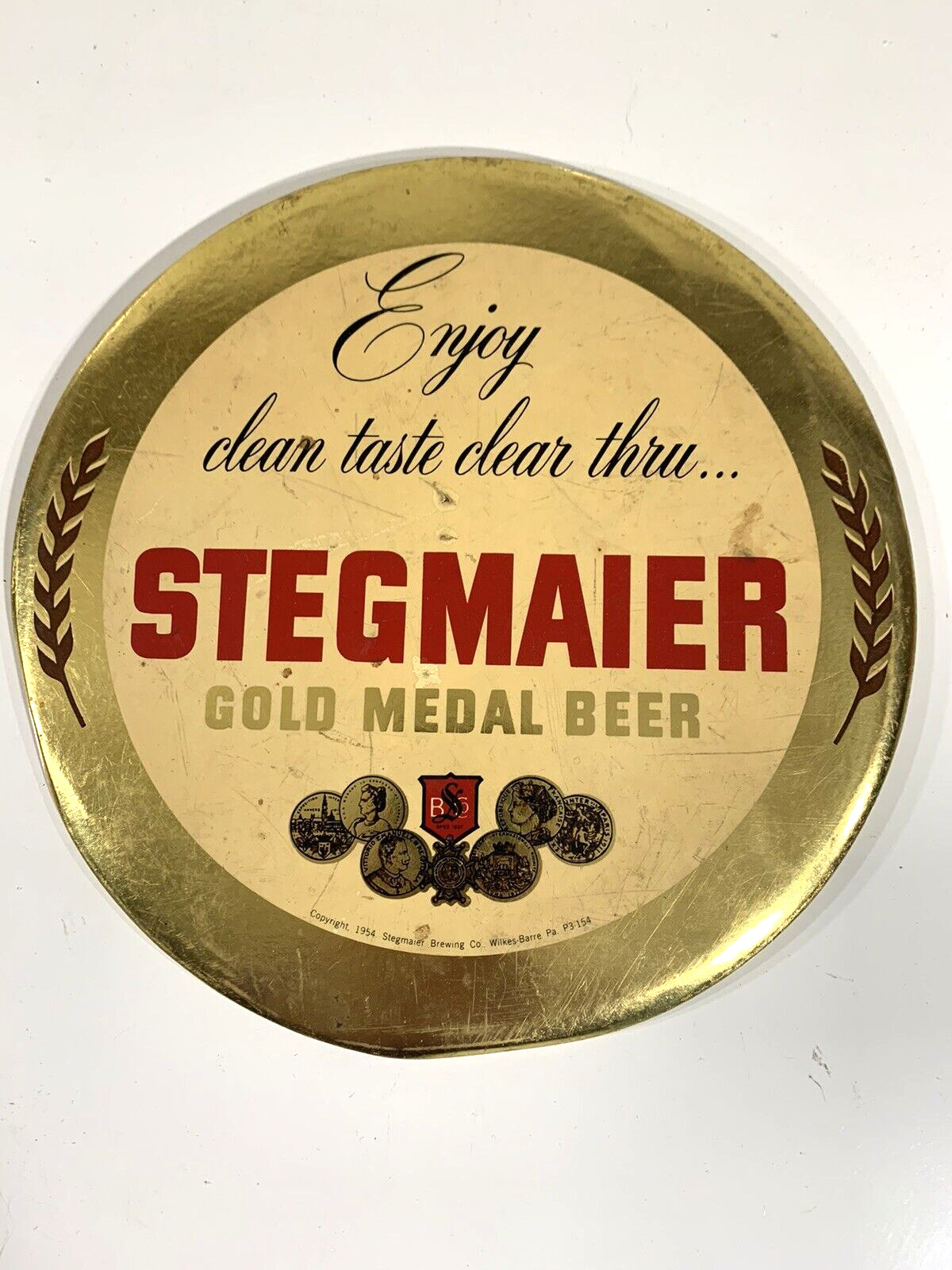 Rare Vintage  1954 Stegmaier's Beer Wilkes Barre Button Sign Tin Over Cardboard