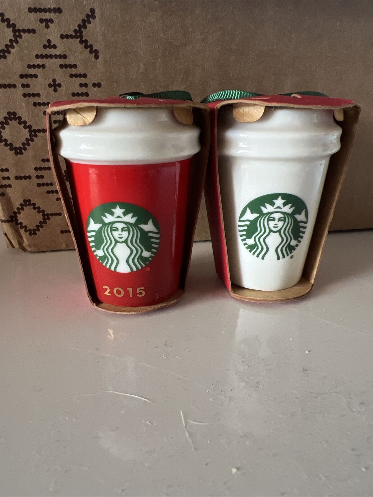 Set 2015 Starbucks Christmas  Ornament Mug  And White Plain Cup- Brand New -