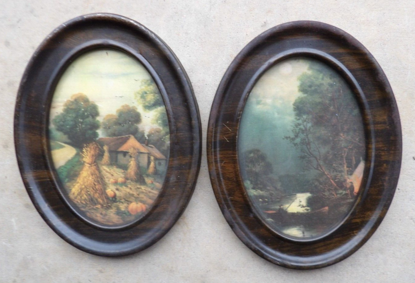 Vintage Antique Set of 2 Small Metal Oval Frames Fishing Farming Scenes