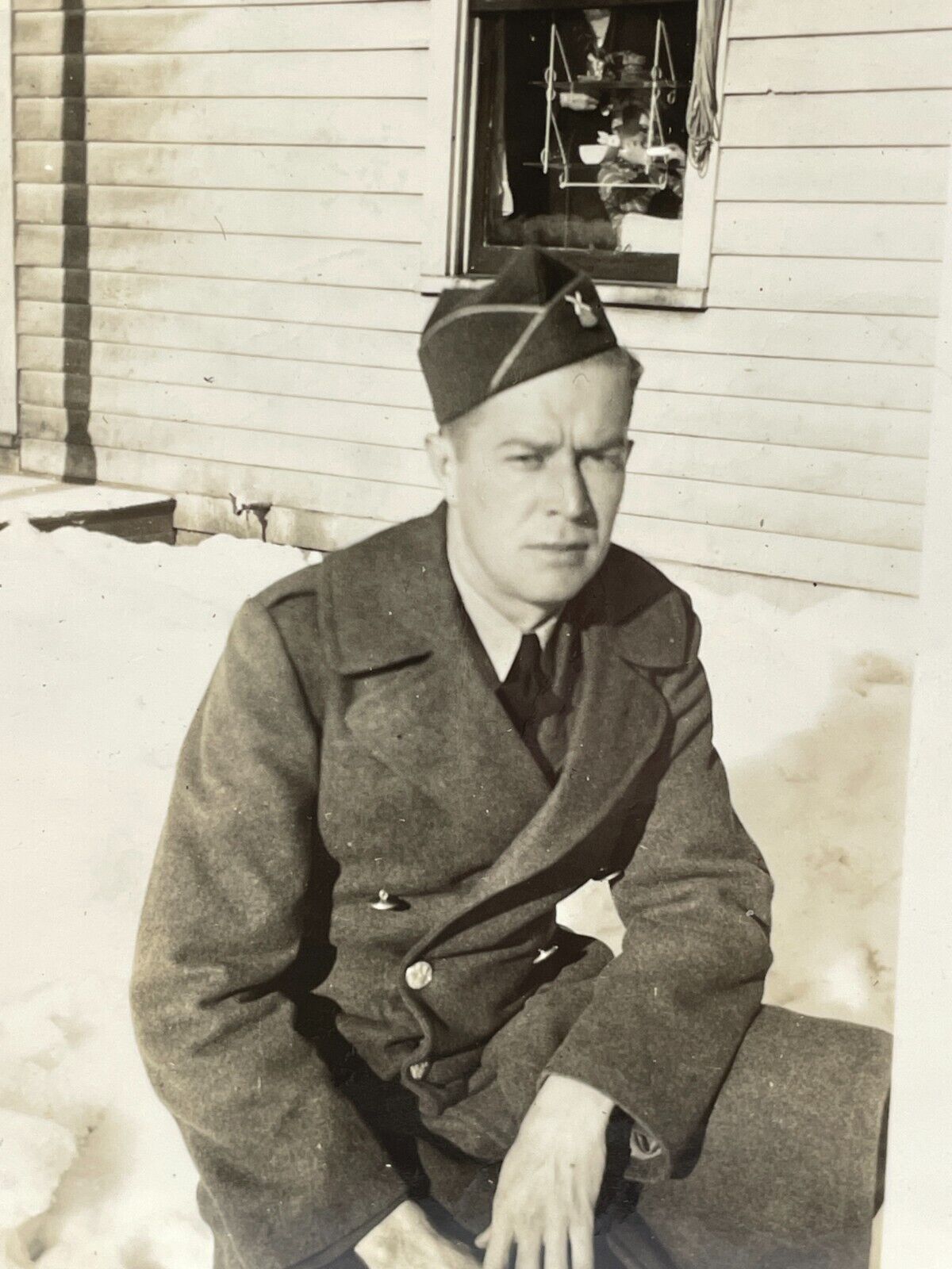 XF Photograph Close Up Portrait Handsome Man Soldier Military Uniform Snow 1940s