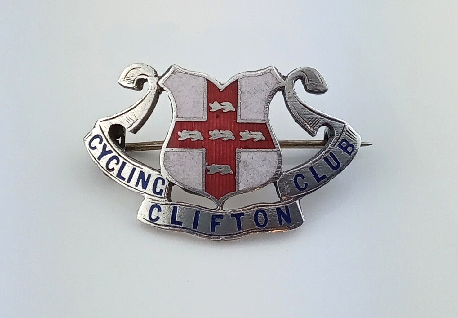 ANTIQUE WHITE METAL & ENAMEL CLIFTON CYCLING CLUB BADGE c1900s VAUGHTON LTD