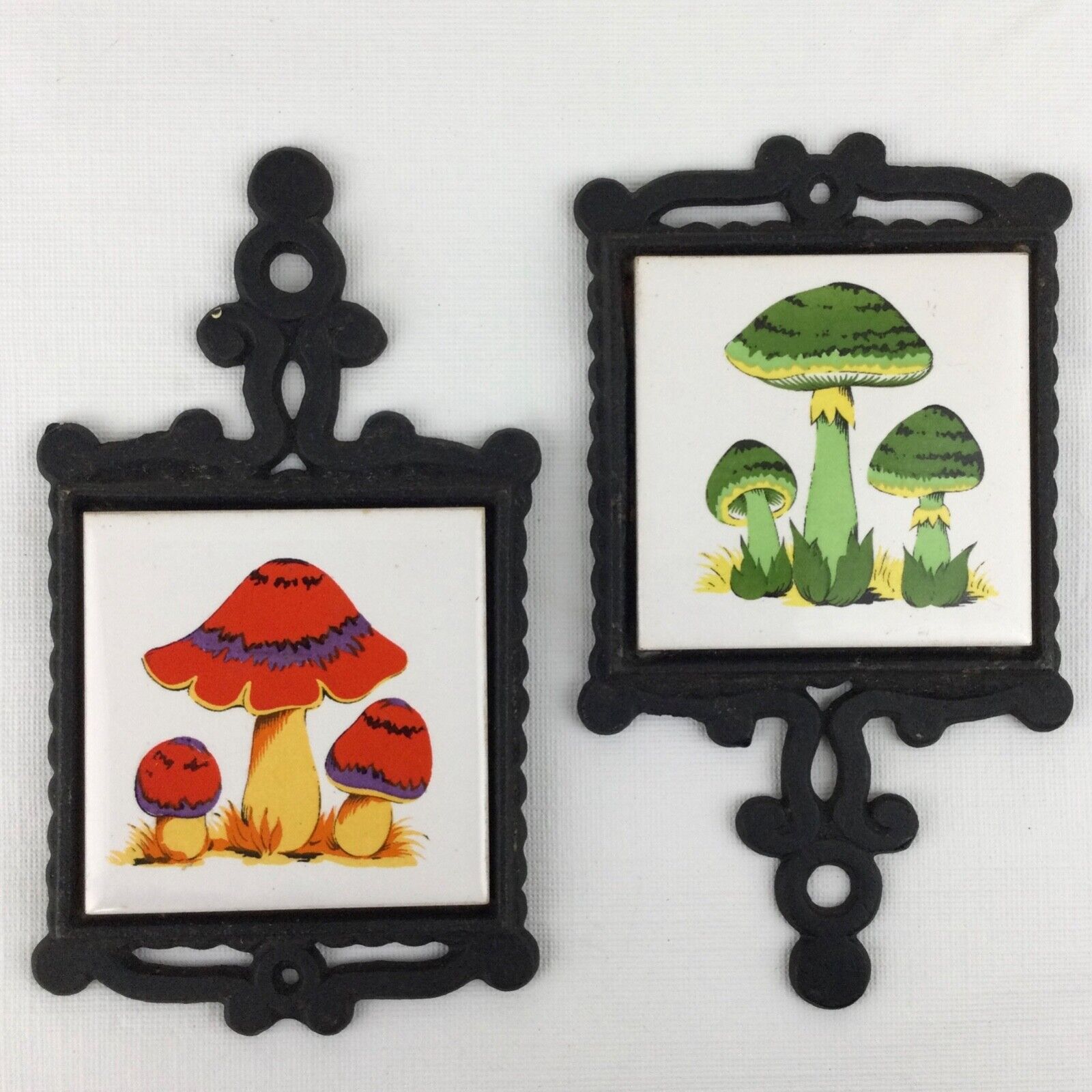 2 Vintage 1970s Mini Mushroom Trivet Set Tiles Retro Mid Century Small Merry