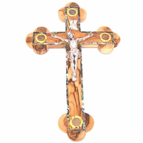Large Olive wood 14 Stations Crucifix with Holy Samples & Mother of Pearls 14 in