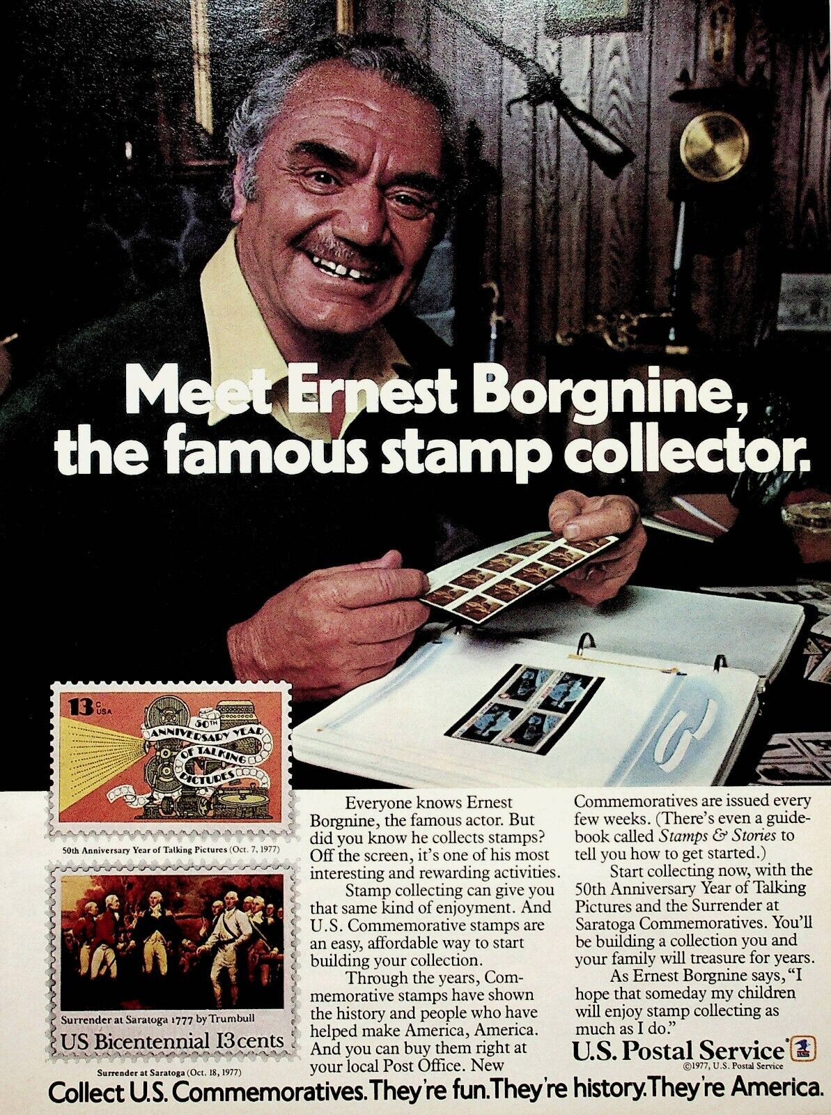 1978 Ernest Borgnine US Postal Service Stamp Collector - Vintage Ad