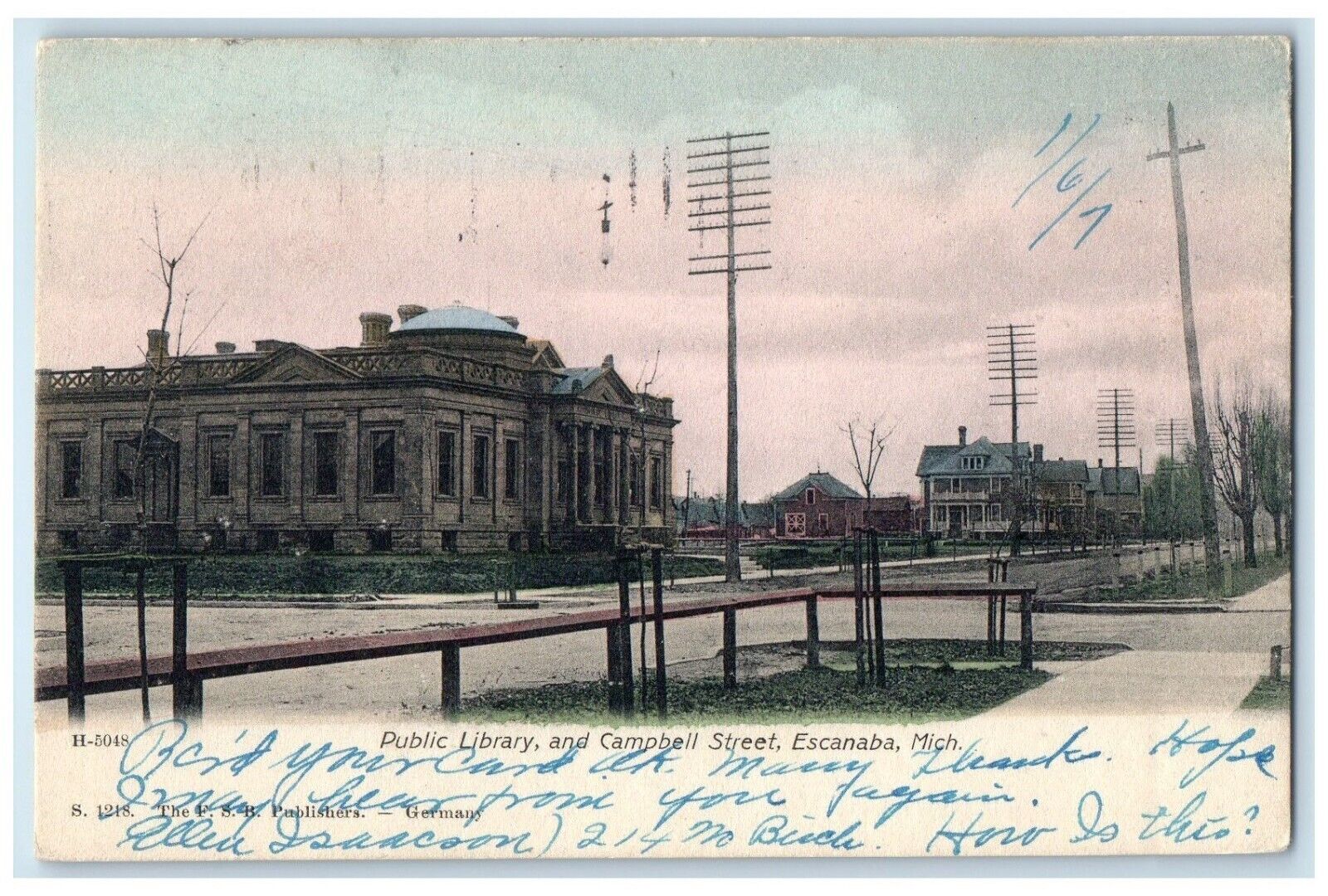 1907 Public Library Campbell Street Escanaba Michigan Vintage Antique Postcard