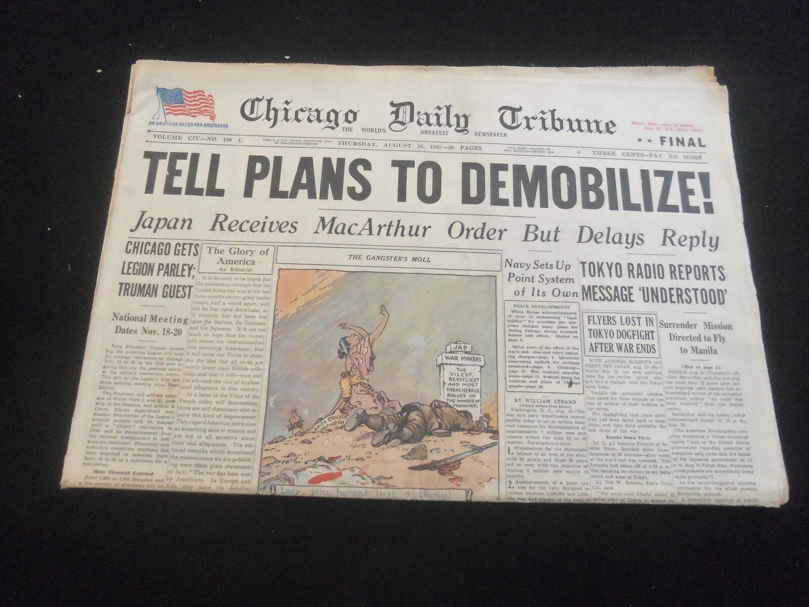 1945 AUG 16 CHICAGO DAILY TRIBUNE NEWSPAPER - TELL PLANS TO DEMOBILIZE- NP 5790