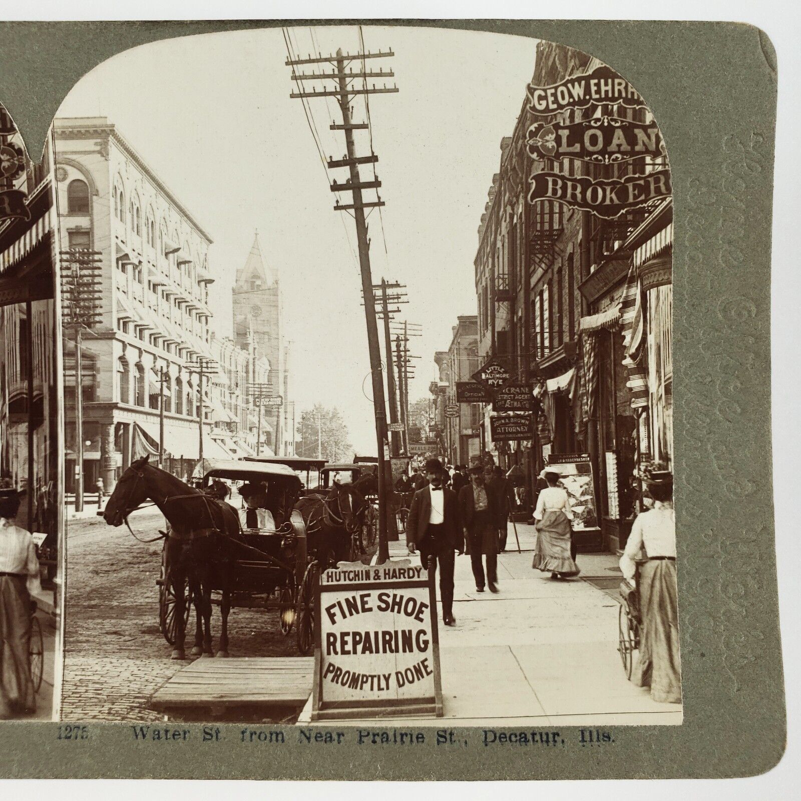 Decatur Illinois Water Street Stereoview c1905 Shoe Store Sign Horse Cart H1225