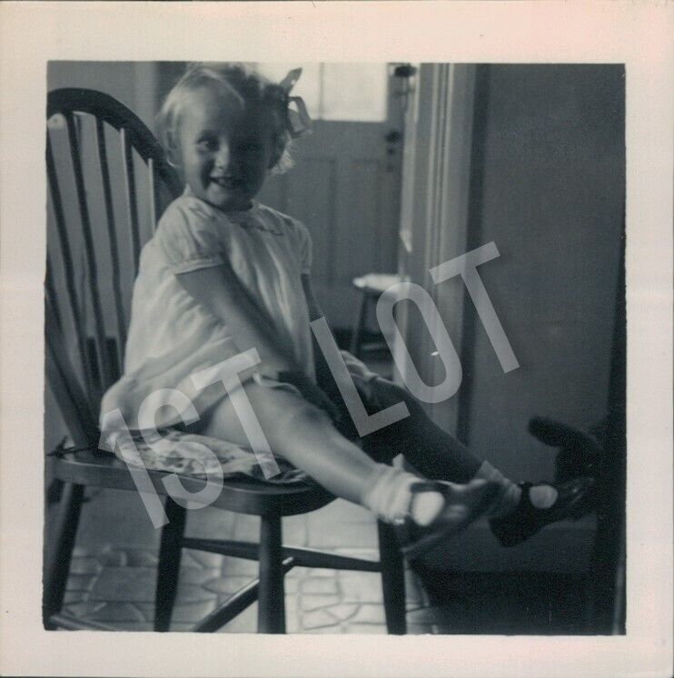 Adorable Young Girl Named Jennifer Smiling in Wooden Chair Vintage Portrait 1955