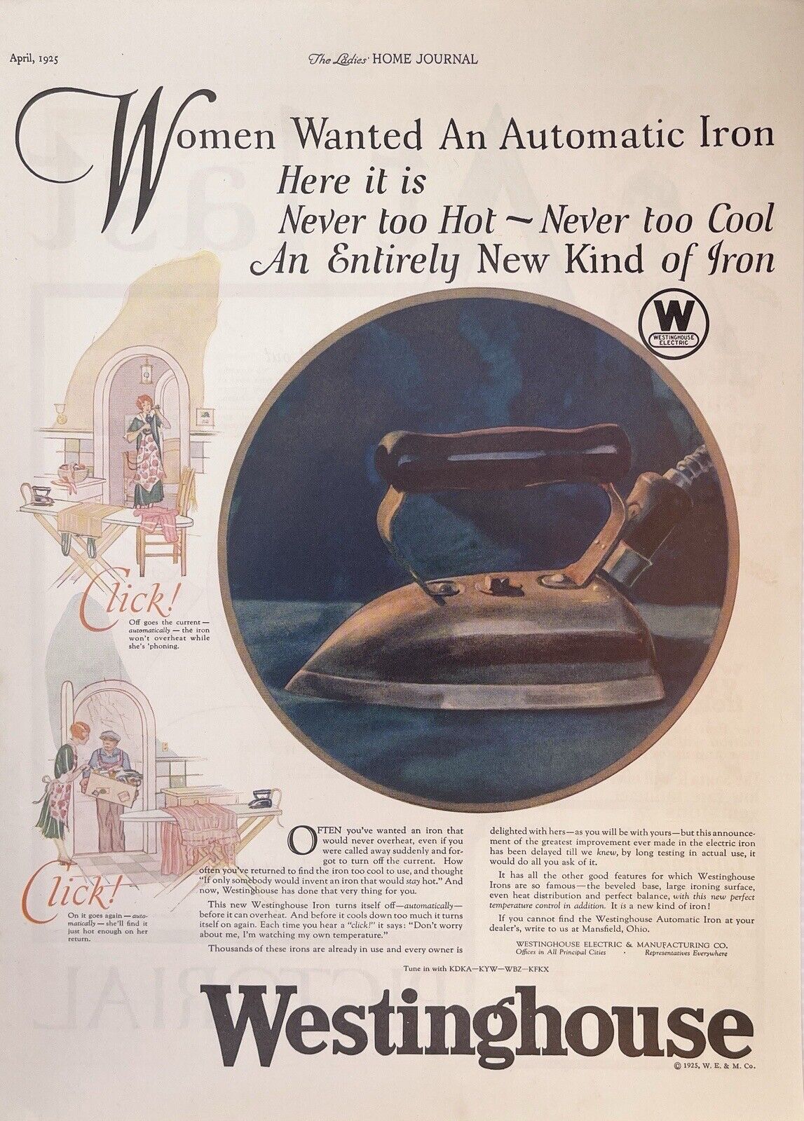 1920s~Westinghouse Automatic Iron~WOMEN WANTED~Appliances~Art~Vintage Print Ad