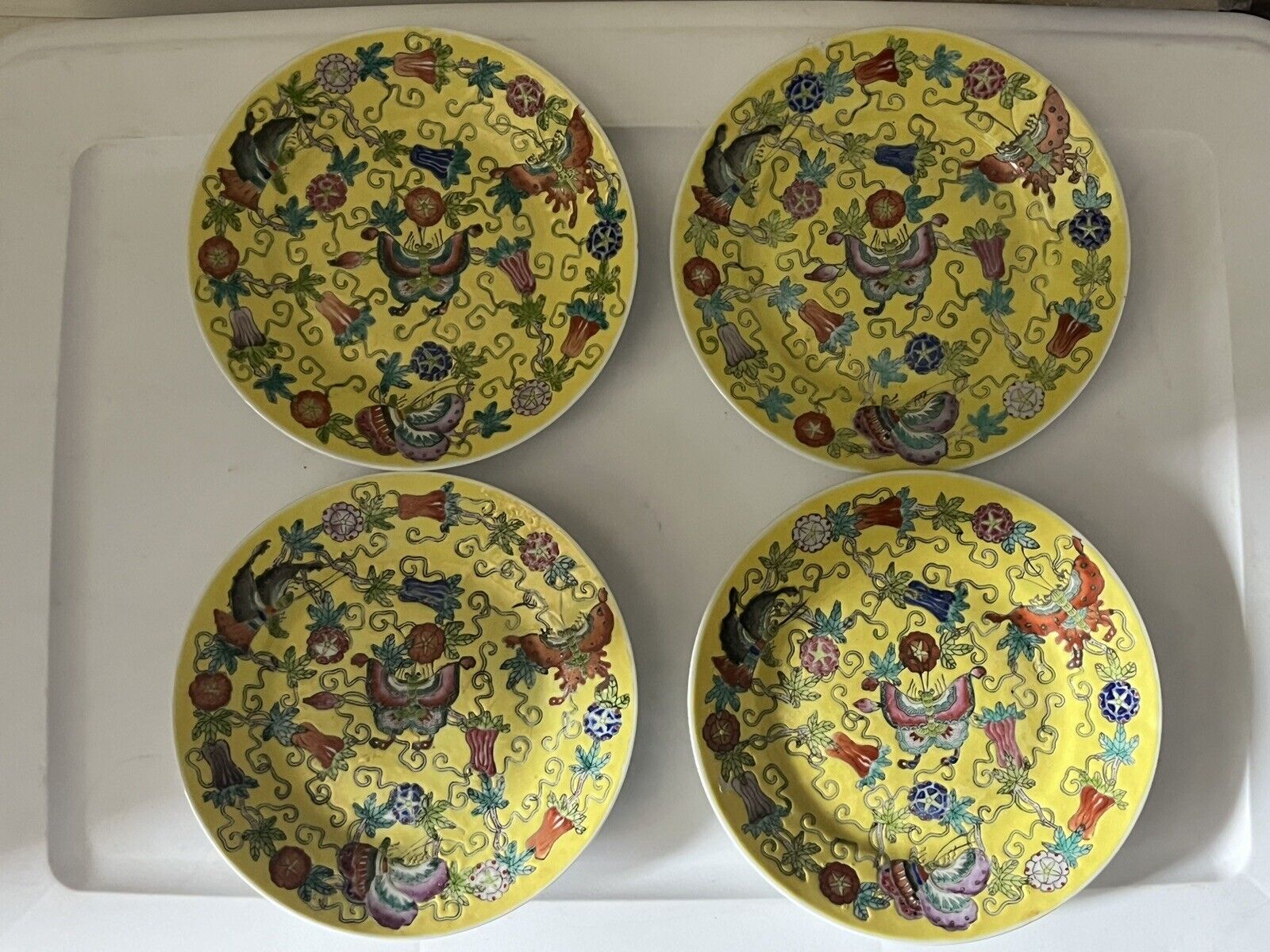 Chinese Collection Famille Jaune Butterfly rose 7” plates yellow 4 piece