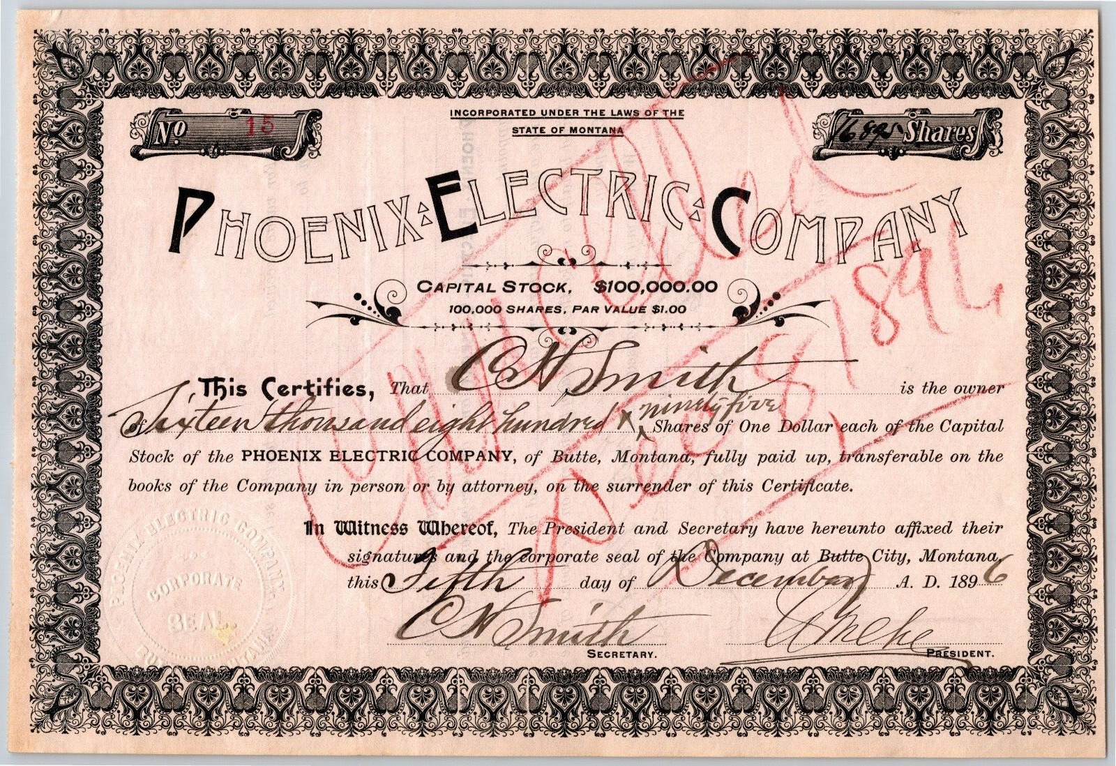 Butte, MT Phoenix Electric Co. 1896 Stock Certificate 16,895 Shares - C. H Smith