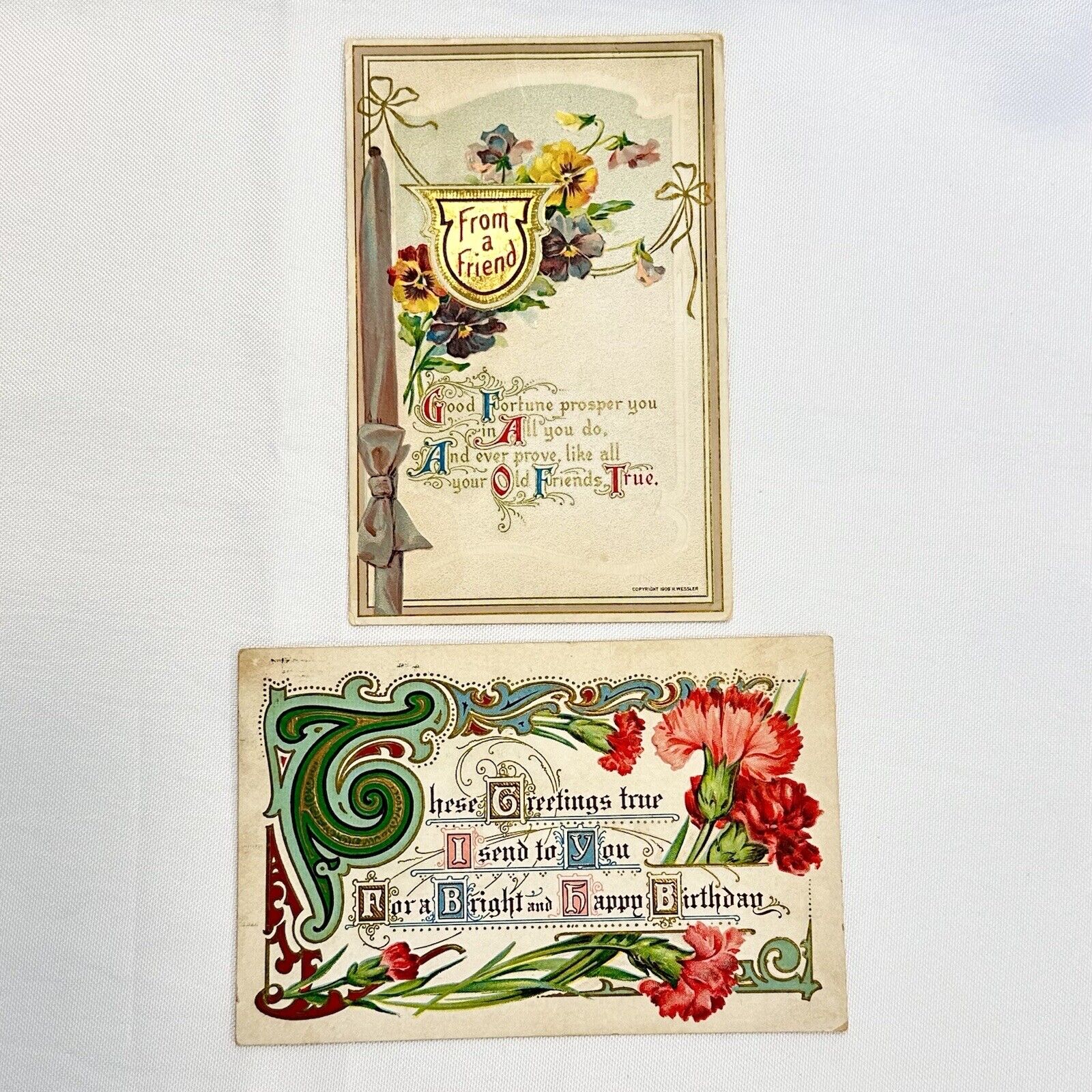 2 Antique 1909 - 1910 Postcards Embossed Victorian Flower Ribbon Friend Birthday