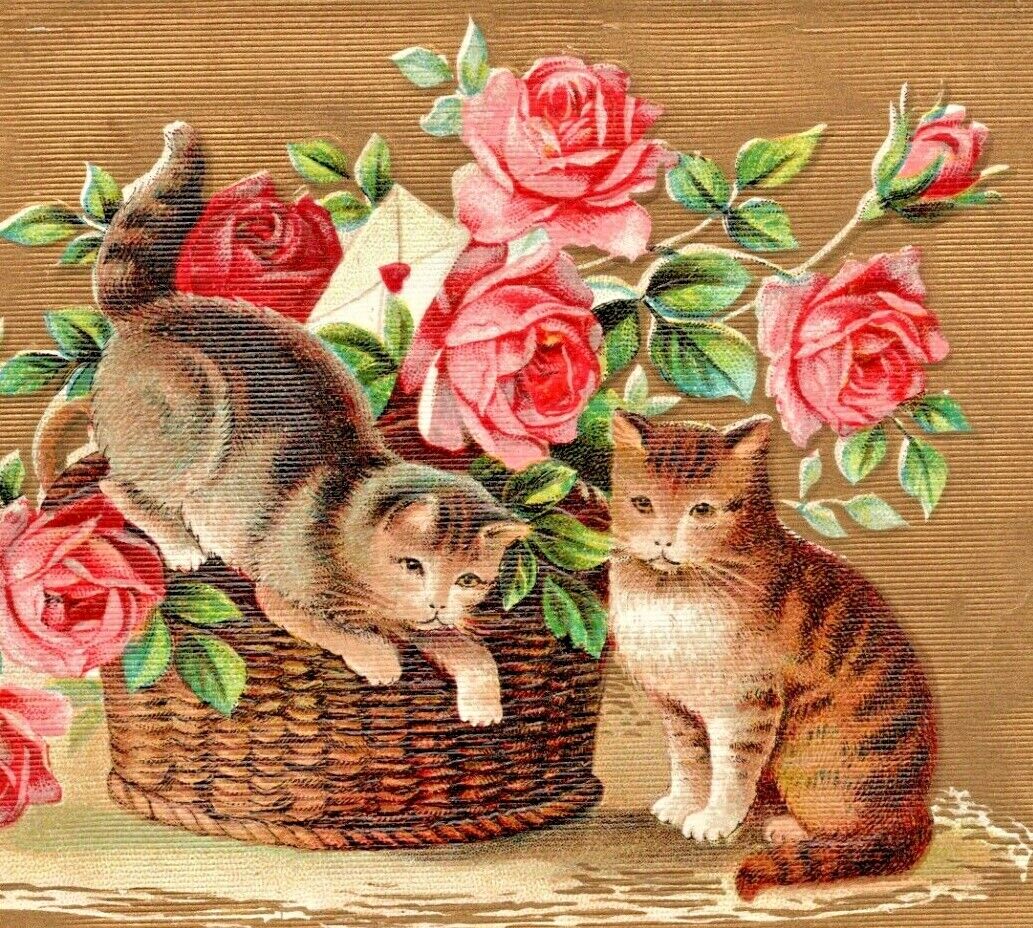 c1907 New Year\'s Cats, playful, roses vintage postcard embossed cute