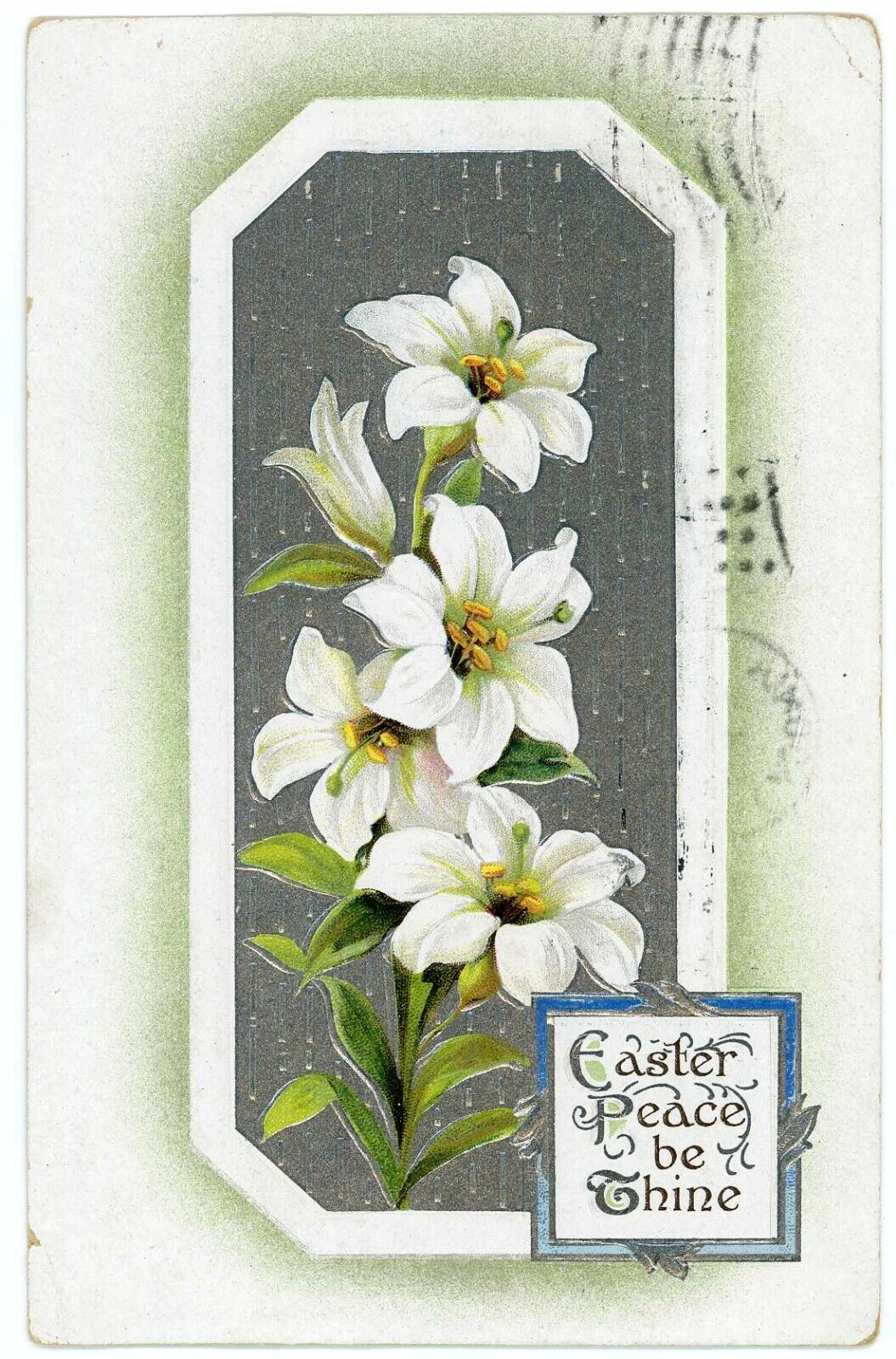 Vintage Postcard Easter Peace Be Thine Lilies Silver Window Background
