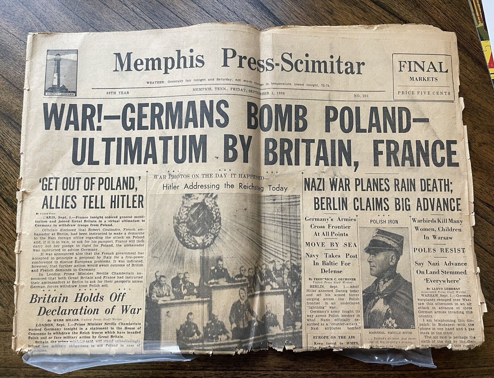 Memphis Press-Scimitar Newspaper “1939 WAR-GERMANS BOMB POLAND”