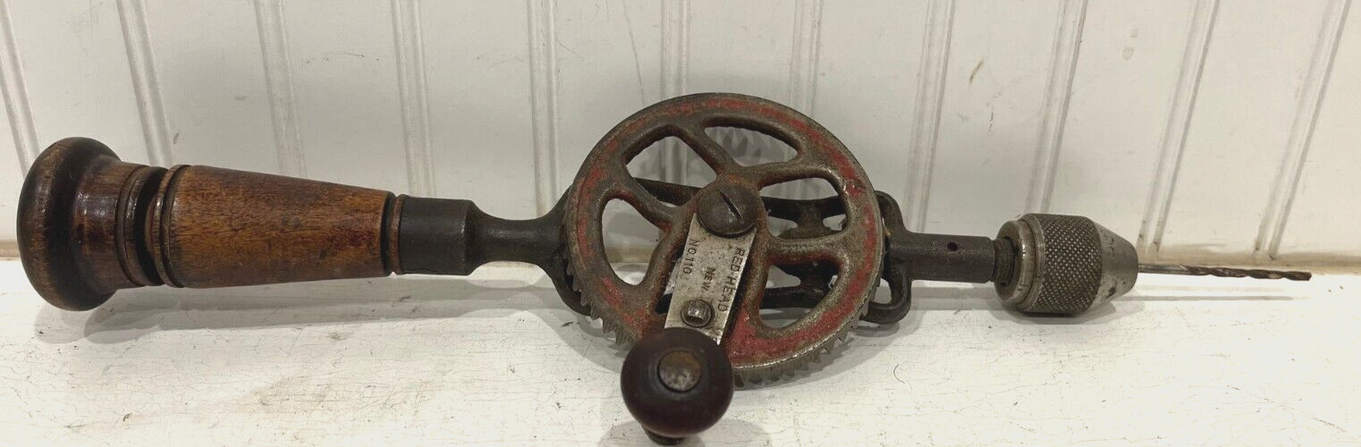 Antique Hand Crank Drill Red Head 110 Eggbeater Tool Wood Handled Cast Iron Vtg