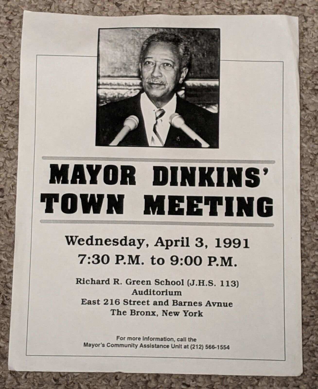Mayor David Dinkins Town Meeting Notice 5/3/1991, Bronx, New York - Political