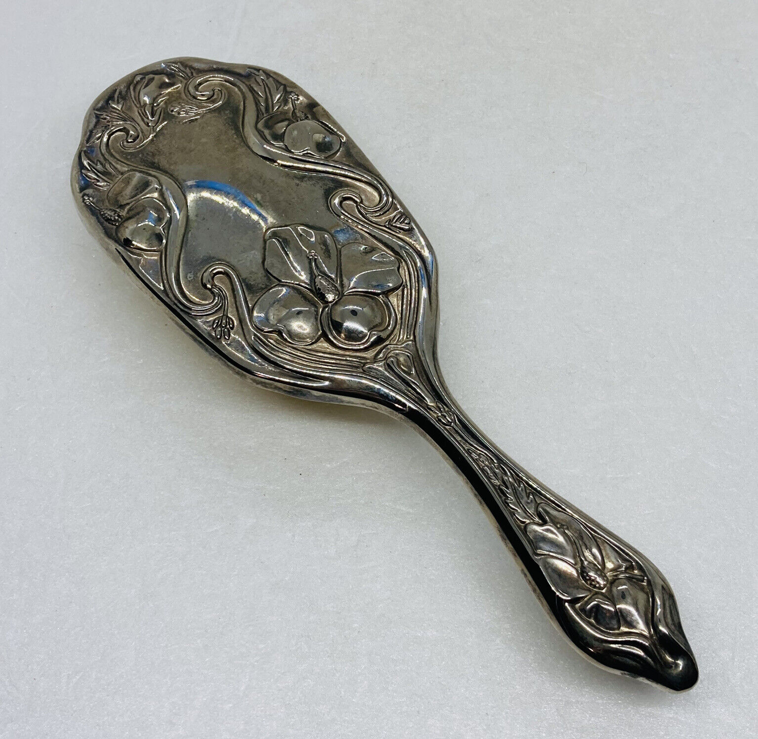 Vintage 1950s Silver Plated Hairbrush Ornate Floral Handle 8” Art Decor 6