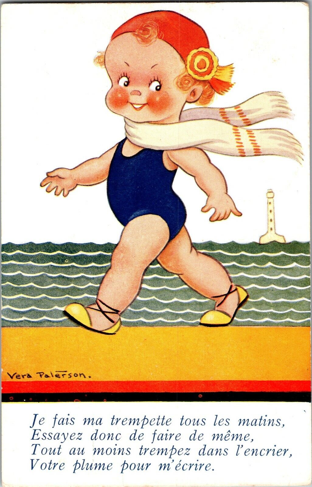 Girl on Beach, I Take My Dip Every Morning, French, Vera Paterson Postcard I42