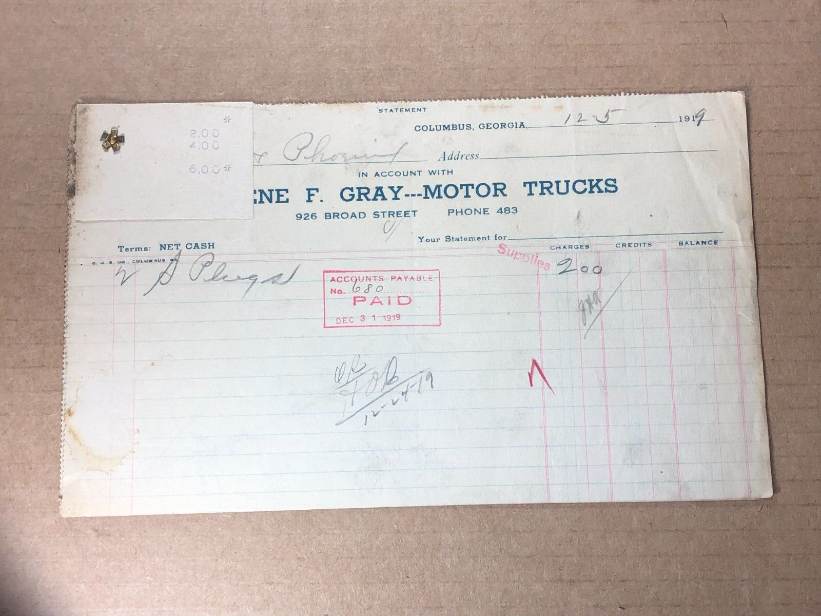 Columbus, GA Eugene F. Gray Motor Trucks Vintage Invoices 1919