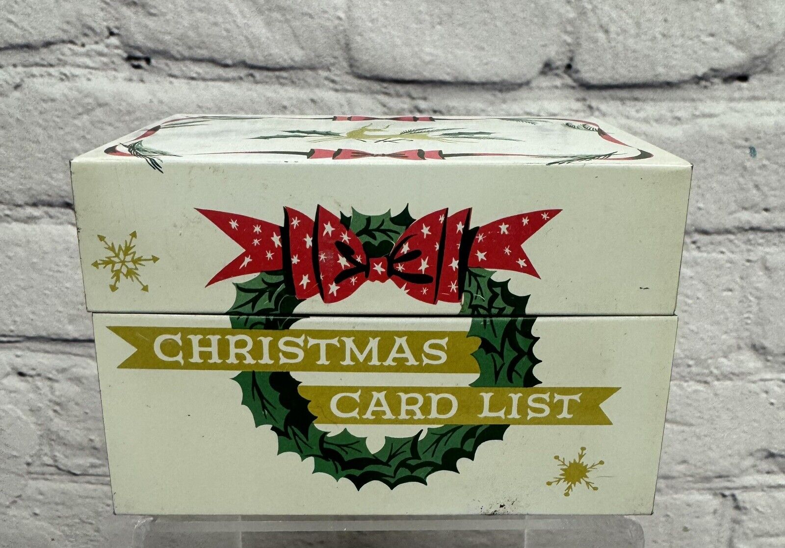 Vintage Metal Christmas Card File Recipe Box Wreath Reindeer Holly Ribbons