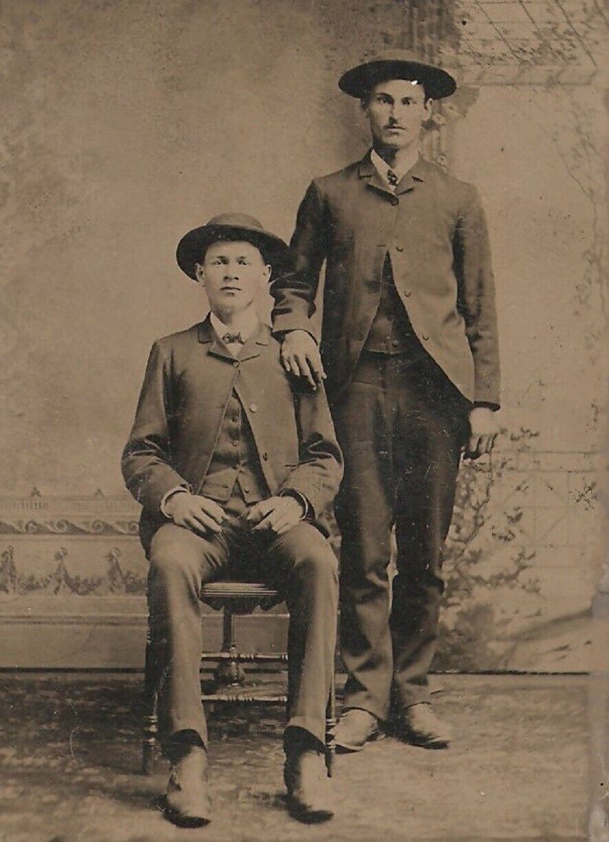 Old Antique Tintype Photo Young Men Dressed Up Cowboys in Fancy Dudes Clothing