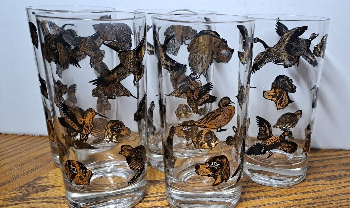 VINTAGE HUNTING DOG & GEESE GOLD HIGHBALL GLASSES