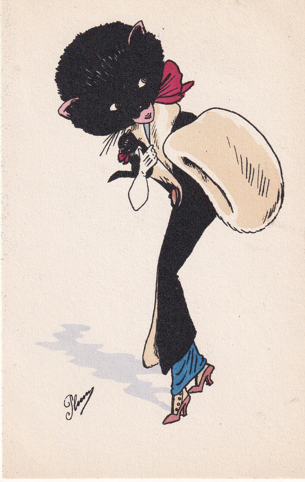 19??-VINTAGE ART NOUVEAU OLD PC-SIGNED-PLUM-A PARISIAN WOMAN LIKE A BLACK CAT