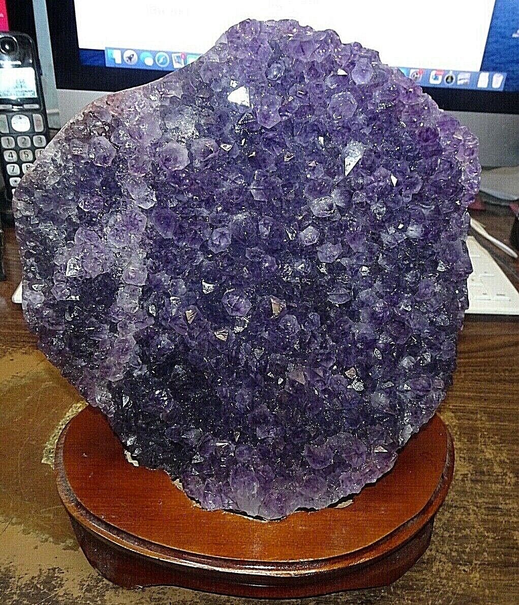 LG.  AMETHYST CRYSTAL CLUSTER GEODE  BRAZIL CATHEDRAL WOOD STAND; CHEAP