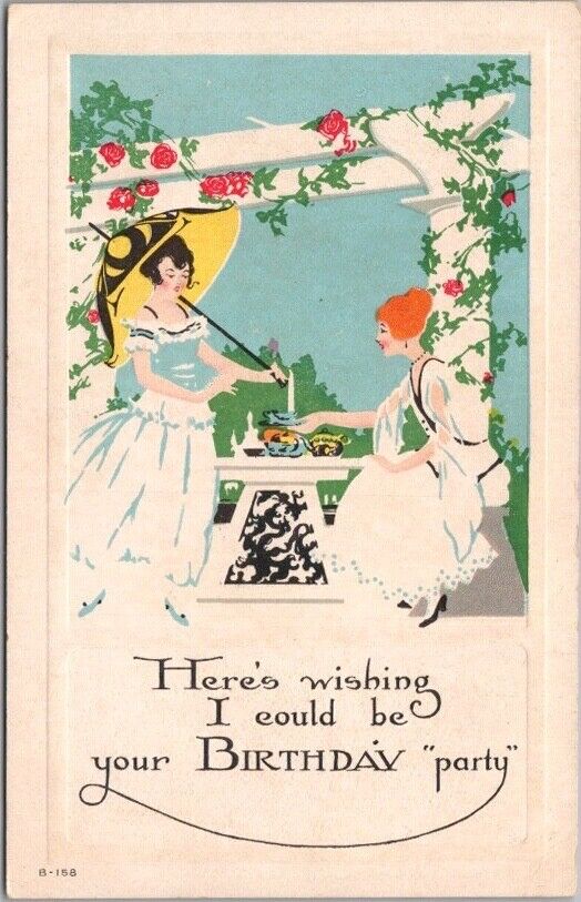Vintage 1917 Happy Birthday ART DECO Greetings Postcard Ladies / Tea Rose Arbor