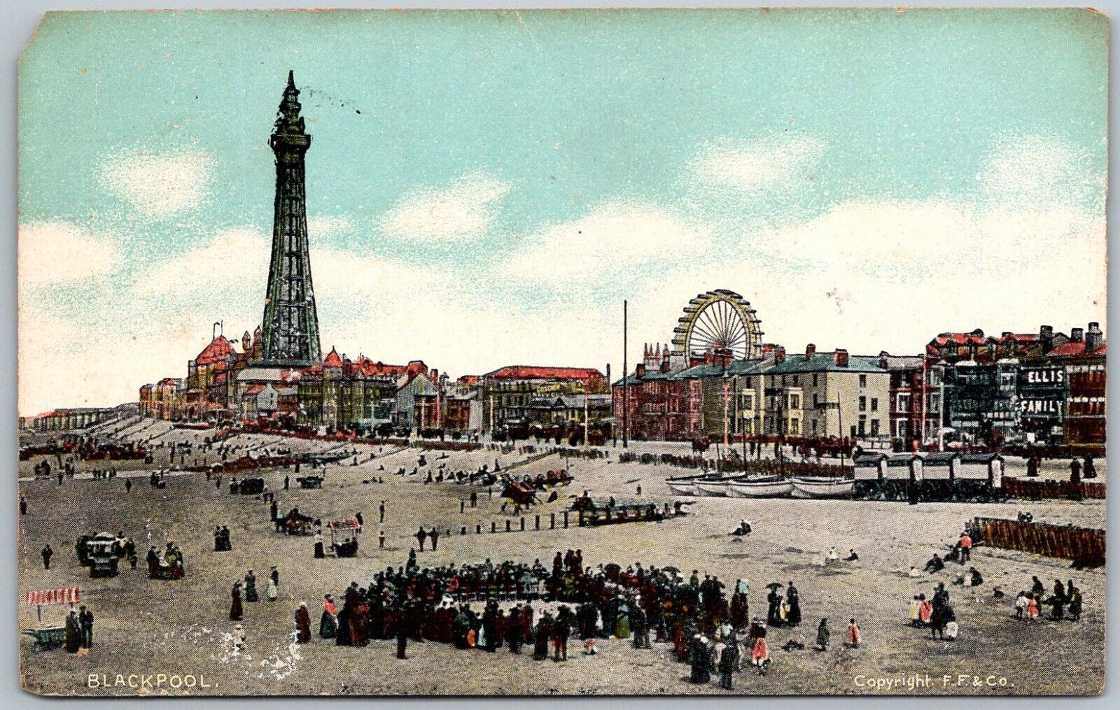Blackpool England c1910 Postcard Beach Scene Ferris Wheel