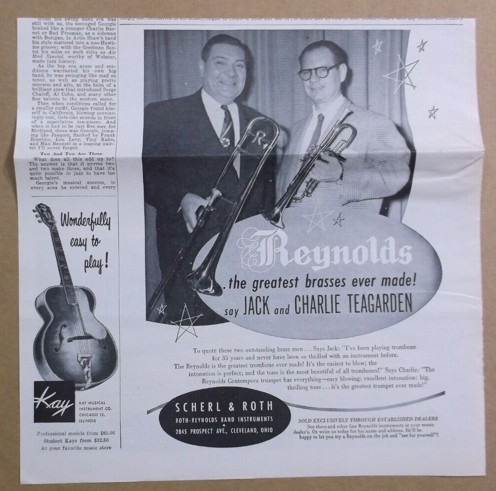 1953 REYNOLDS TROMBONE Magazine AD~Jack/Charlie TEAGARDEN~Trumpet~SCHERL & ROTH