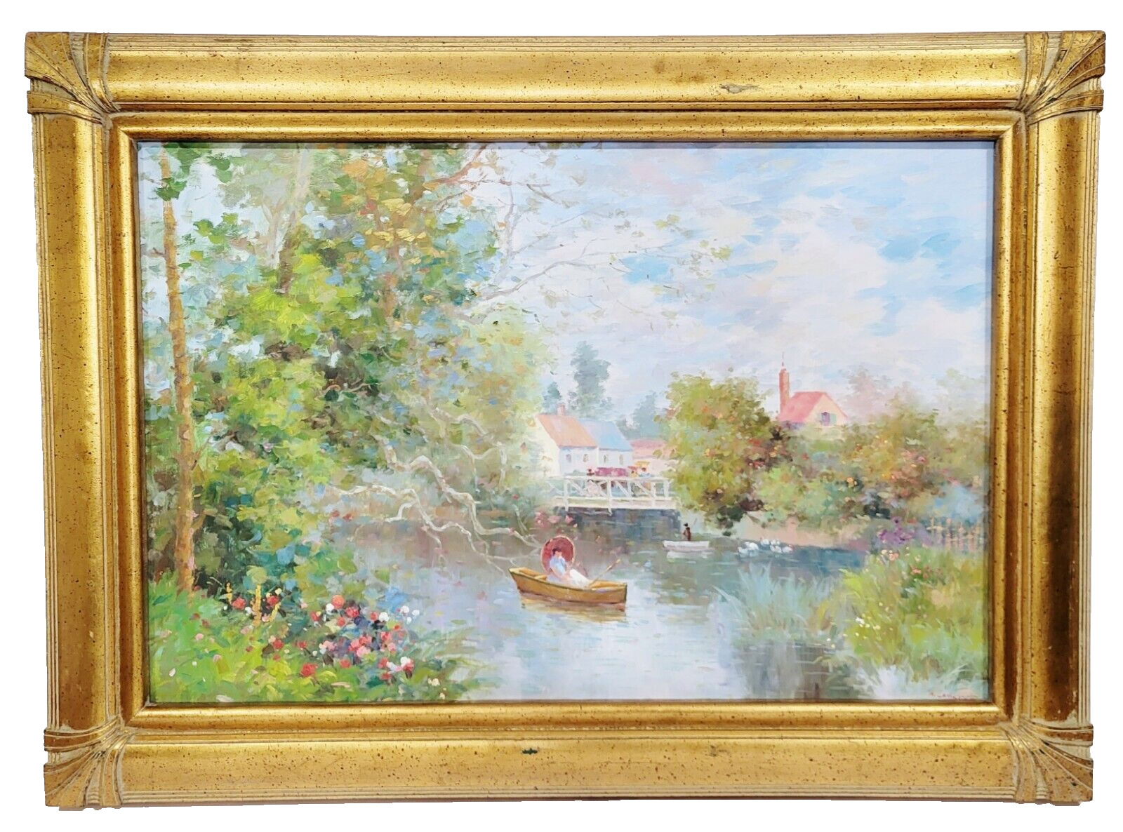 Vintage FRENCH IMPRESSIONISTIC Framed OIL PAINTING Lake Town LADY PARASOL Boat