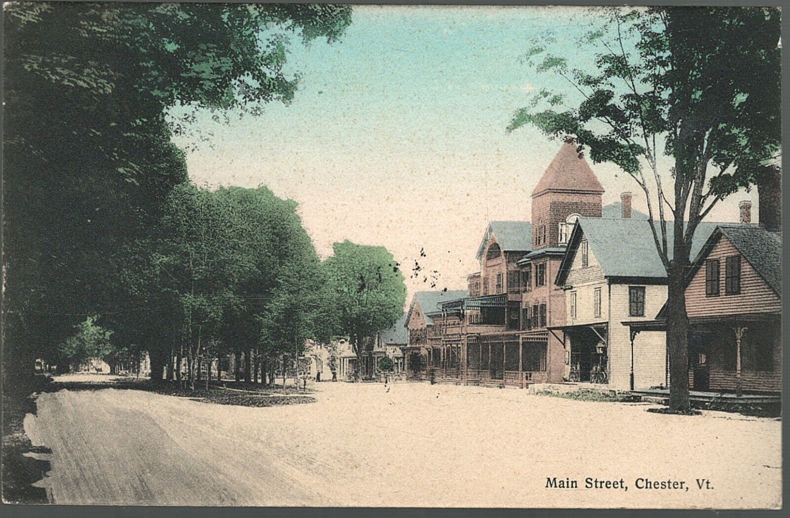 Postcard Main Street Chester Vermont Gassetts to Concord 1909 Hand Colored