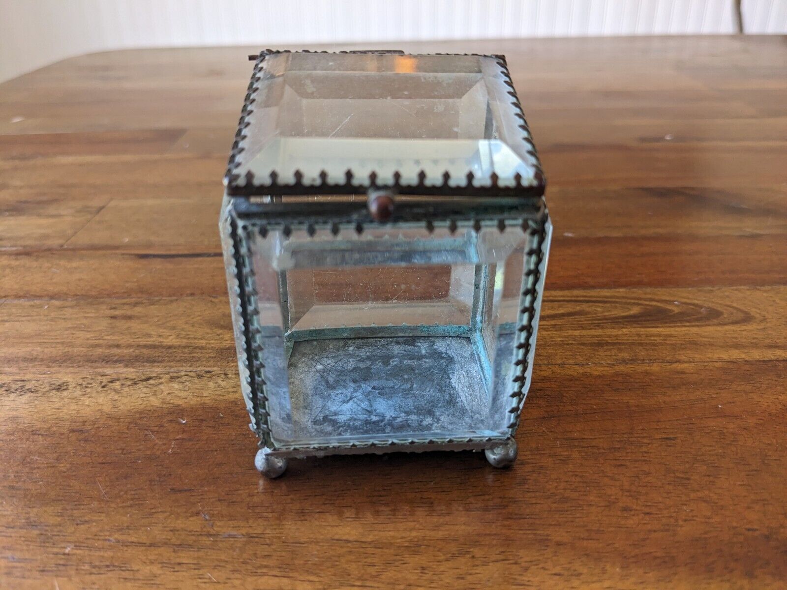 Antique Victorian Beveled Glass Jewelry Casket Box with lid Footed