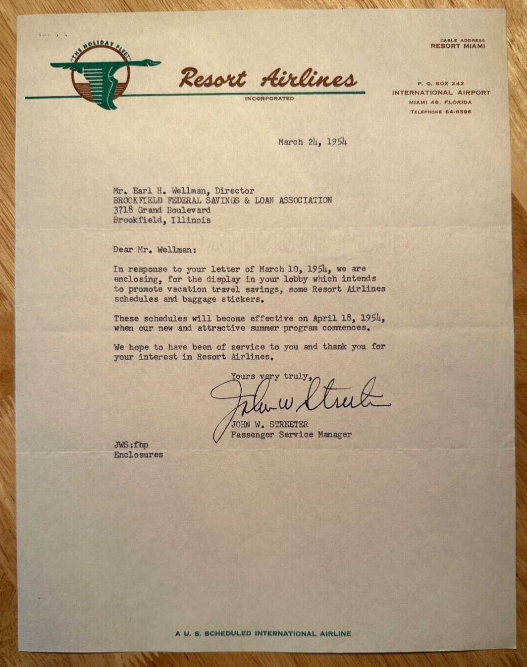 Resort Airlines- 1954 Miami, Florida vintage business letter