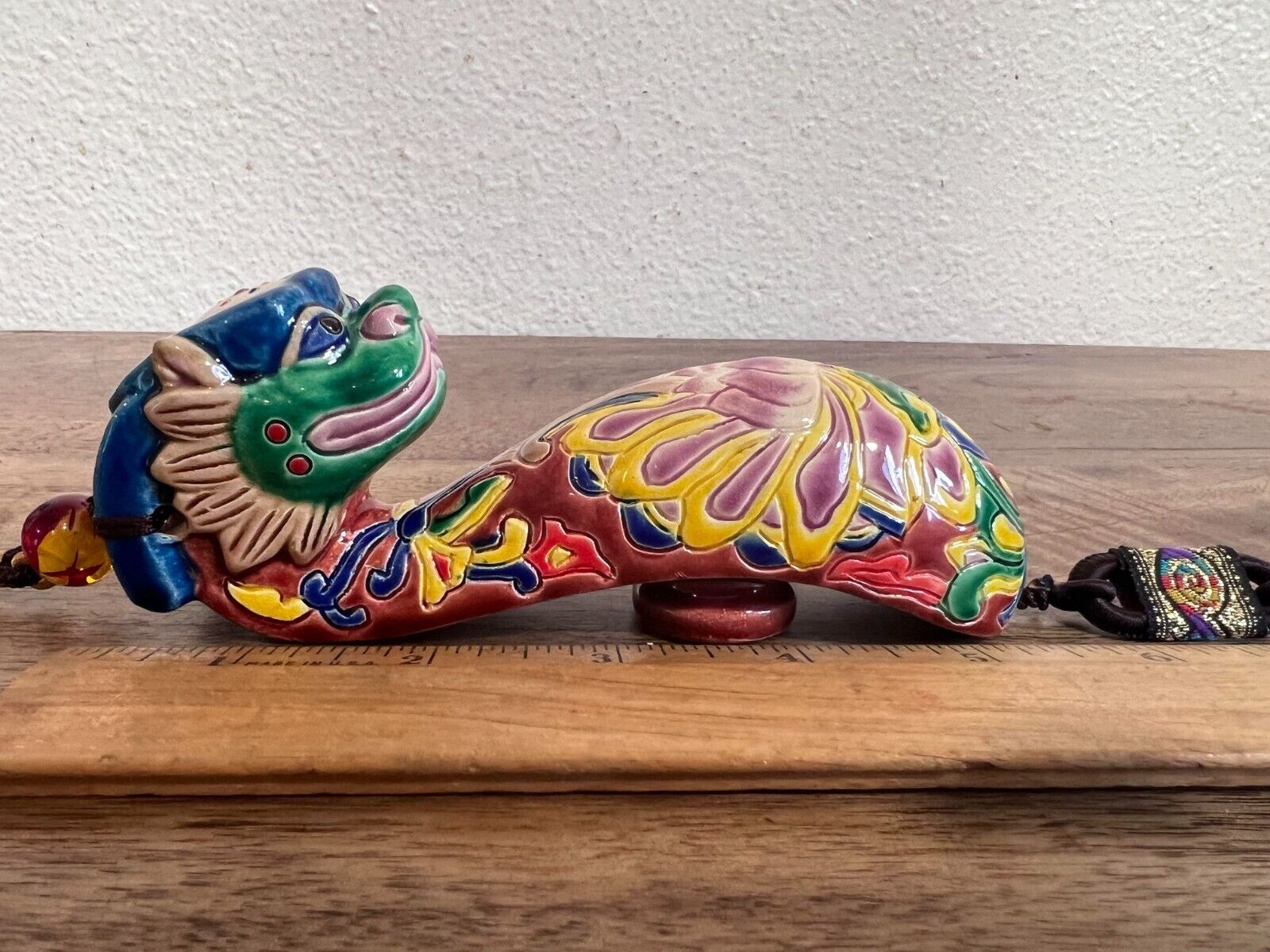 Vintage Hanging Ceramic Dragon/Lion Chinese signature Tassels