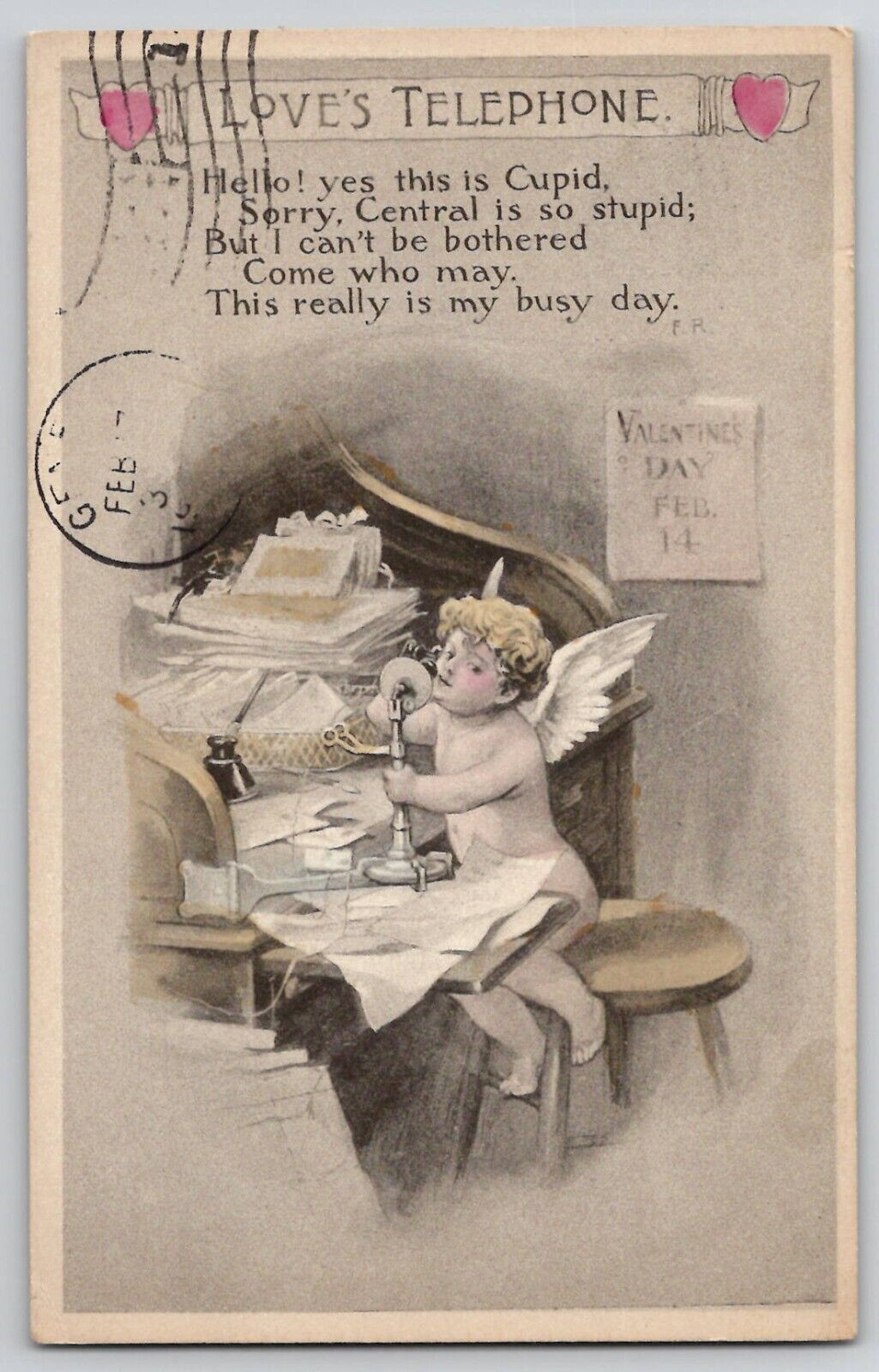 Antique Valentine\'s Day Feb 14 Postcard Love\'s Telephone Cupid Operator 1910