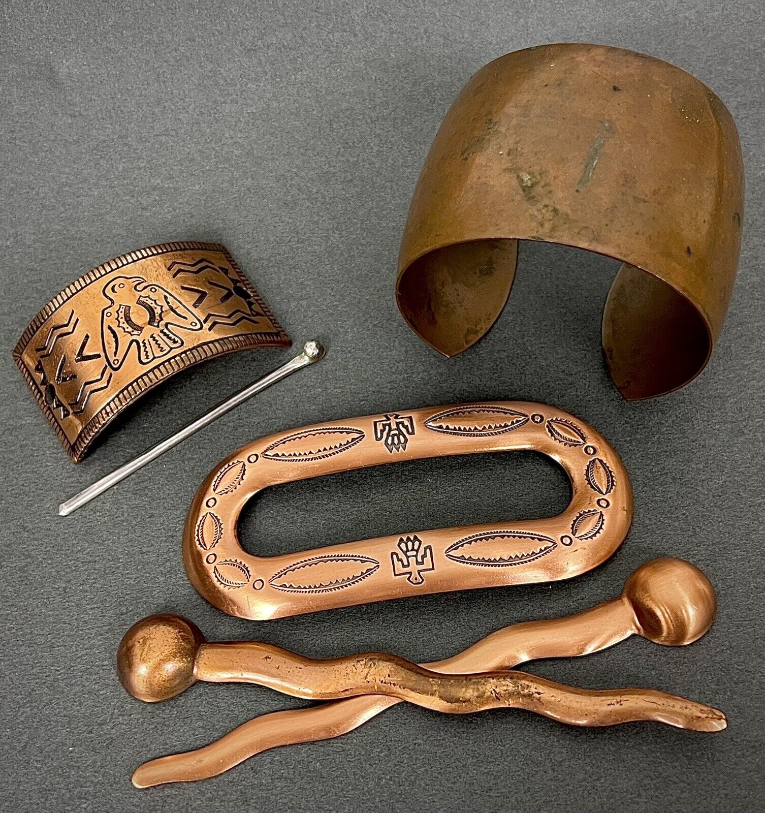 Vintage Pawn Native American Bell Copper Hair Barrette & Copper Cuff Lot RARE