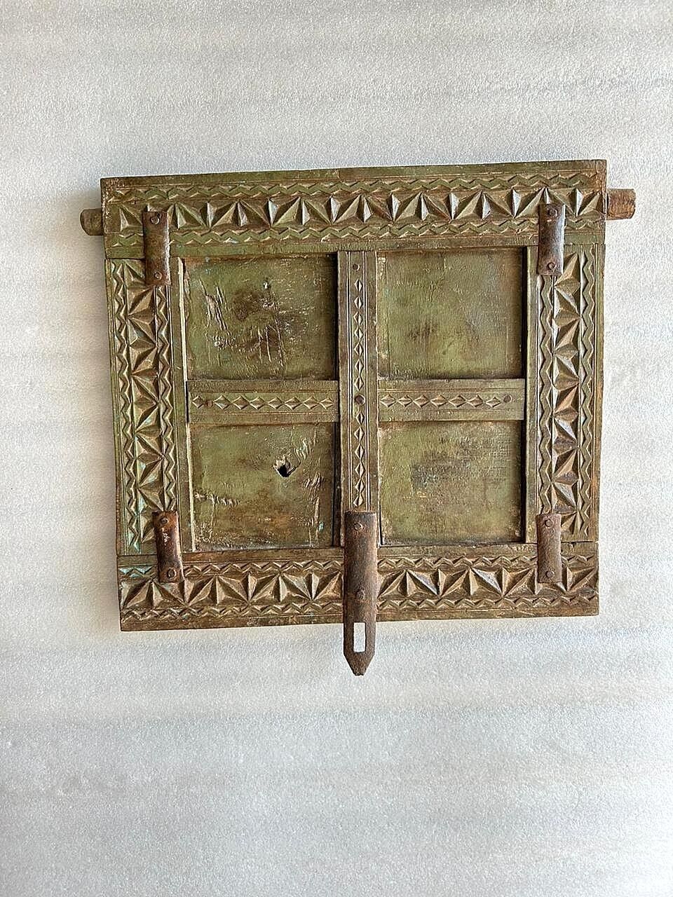 Antique Wooden Green Painted Peek Out Window Old House Window Wall Decor