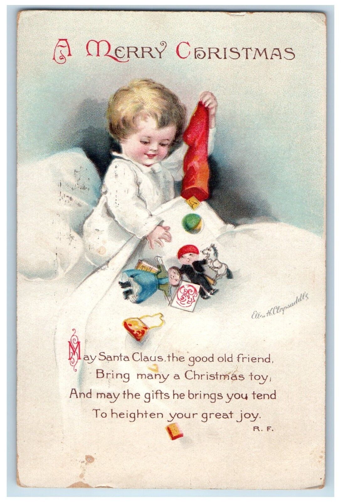 1916 Merry Christmas Little Child Stocking With Toys Ellen Clapsaddle Postcard
