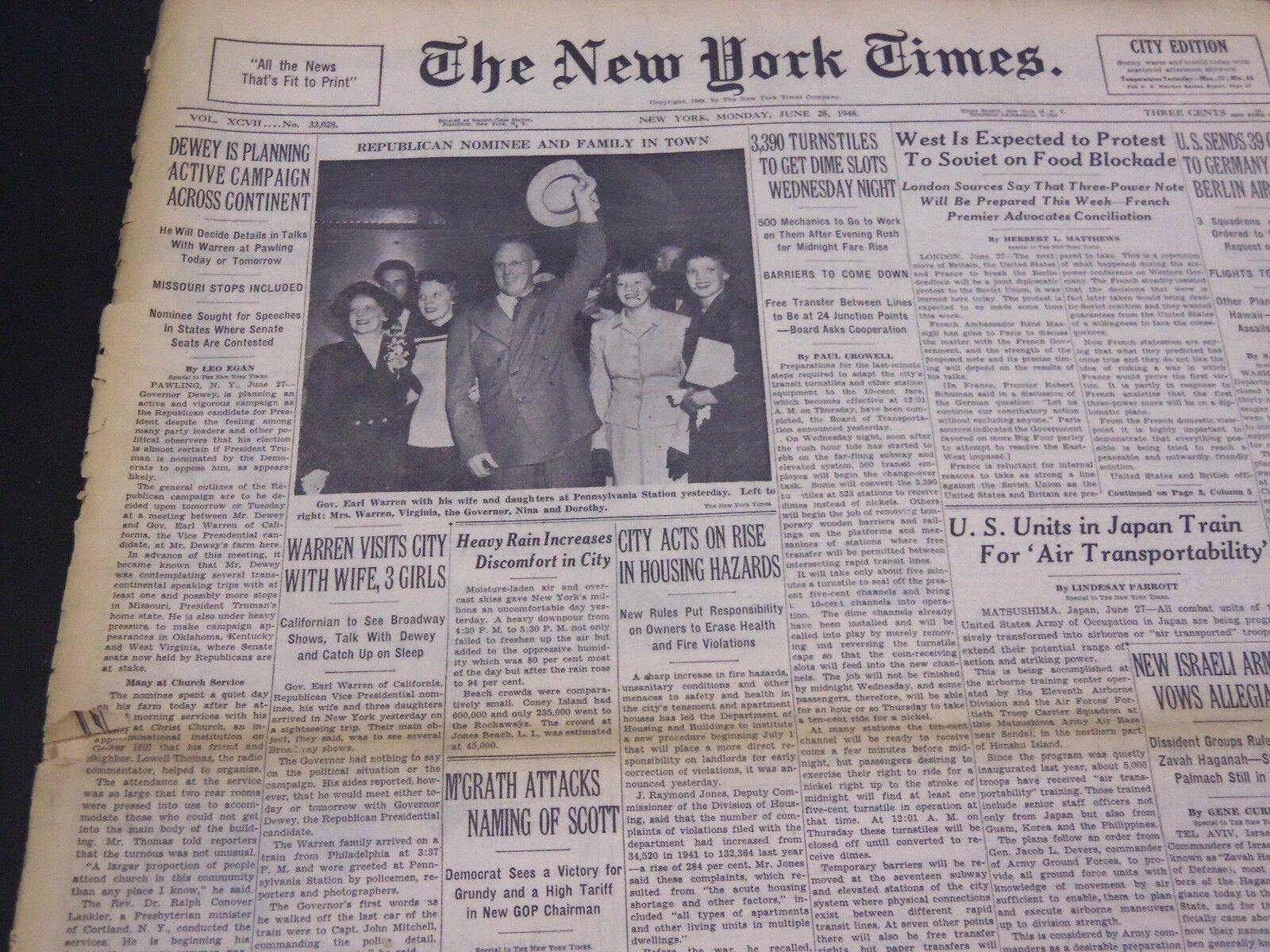 1948 JUNE 28 NEW YORK TIMES - WARREN VISITS CITY WITH WIFE - NT 4404