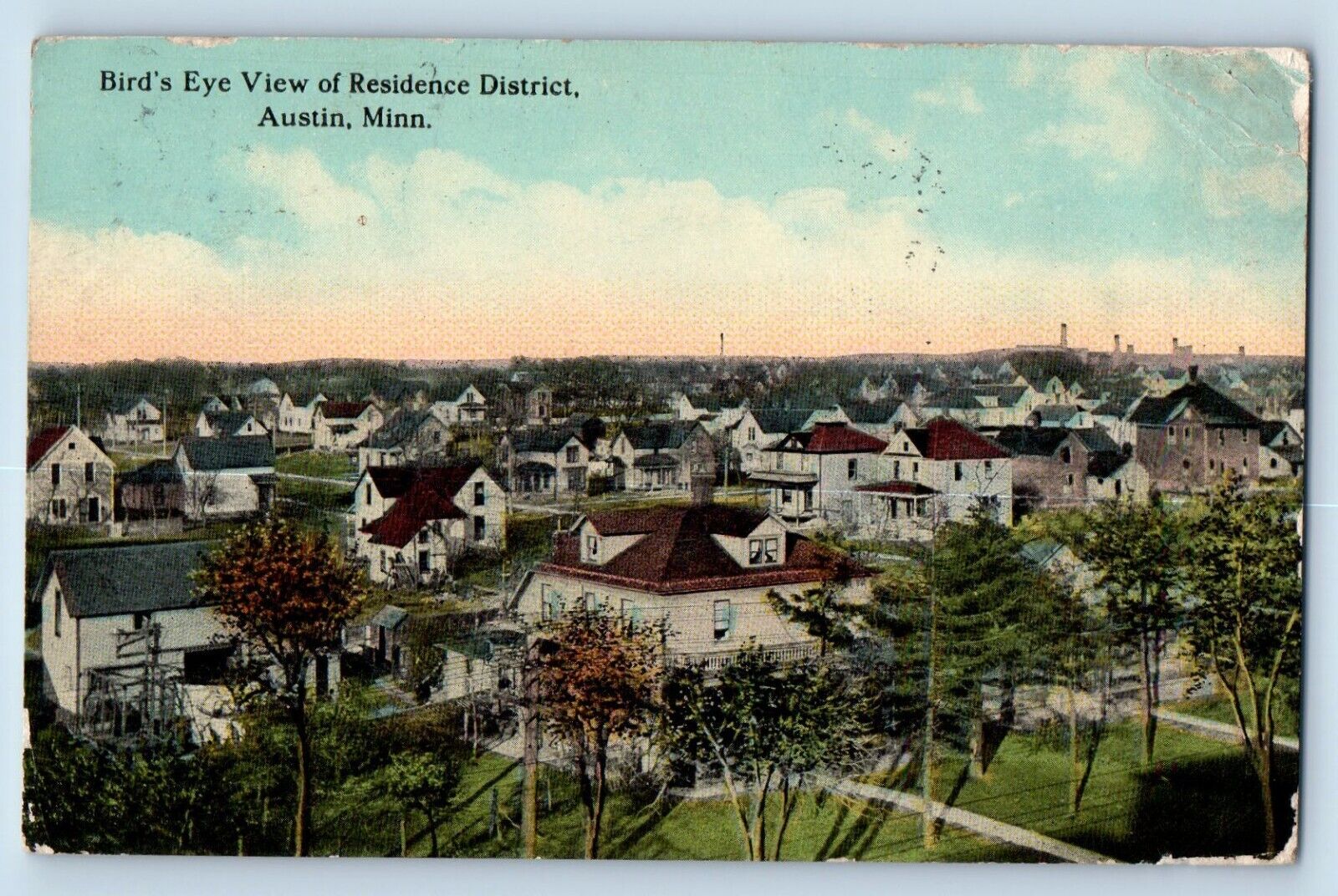 Austin Minnesota Postcard Birds Eye View Residence District 1912 Vintage Antique