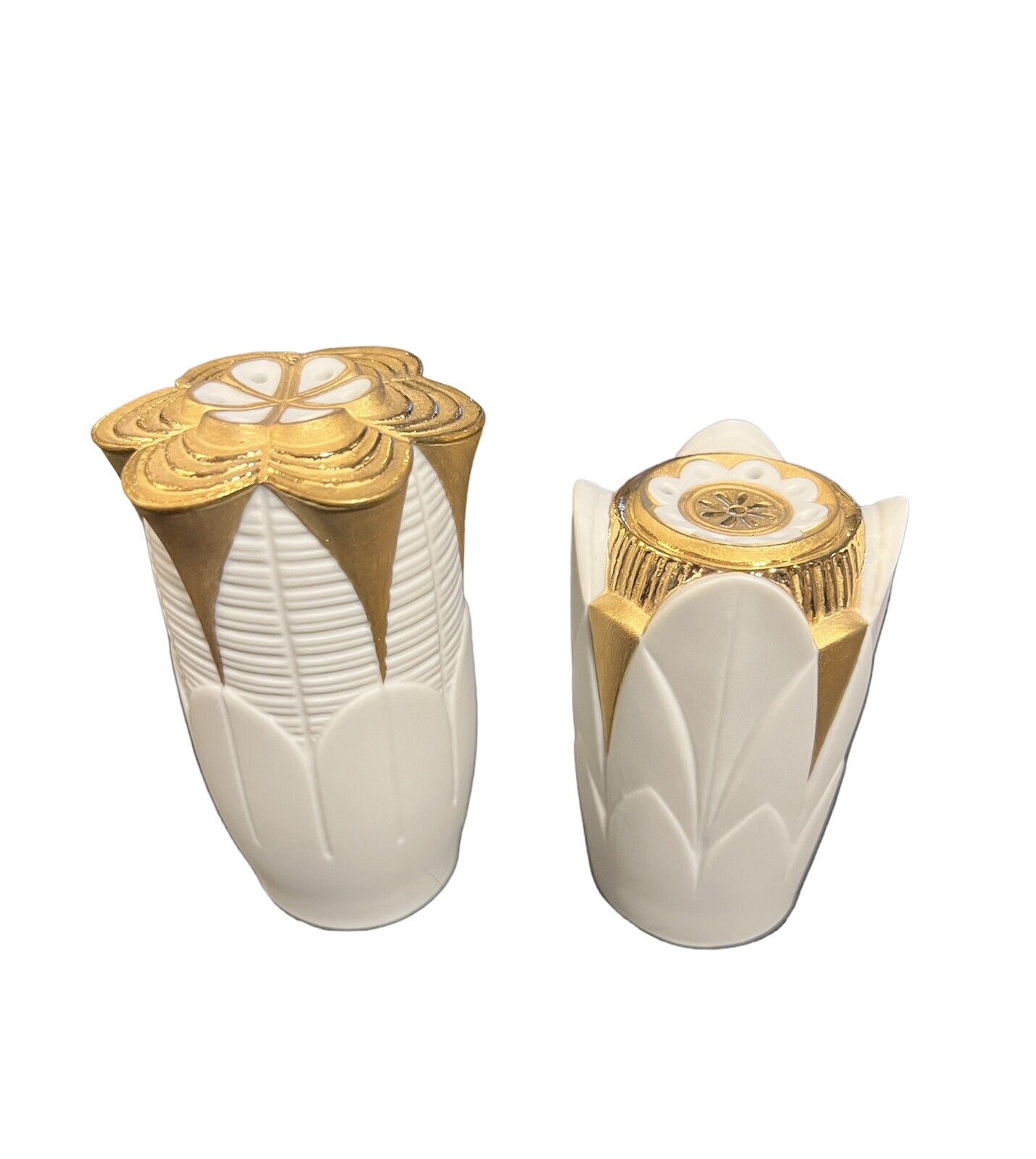 Lladro Art Deco Naturofantastic White/Gold Salt & Pepper Shakers NIB Orig $400