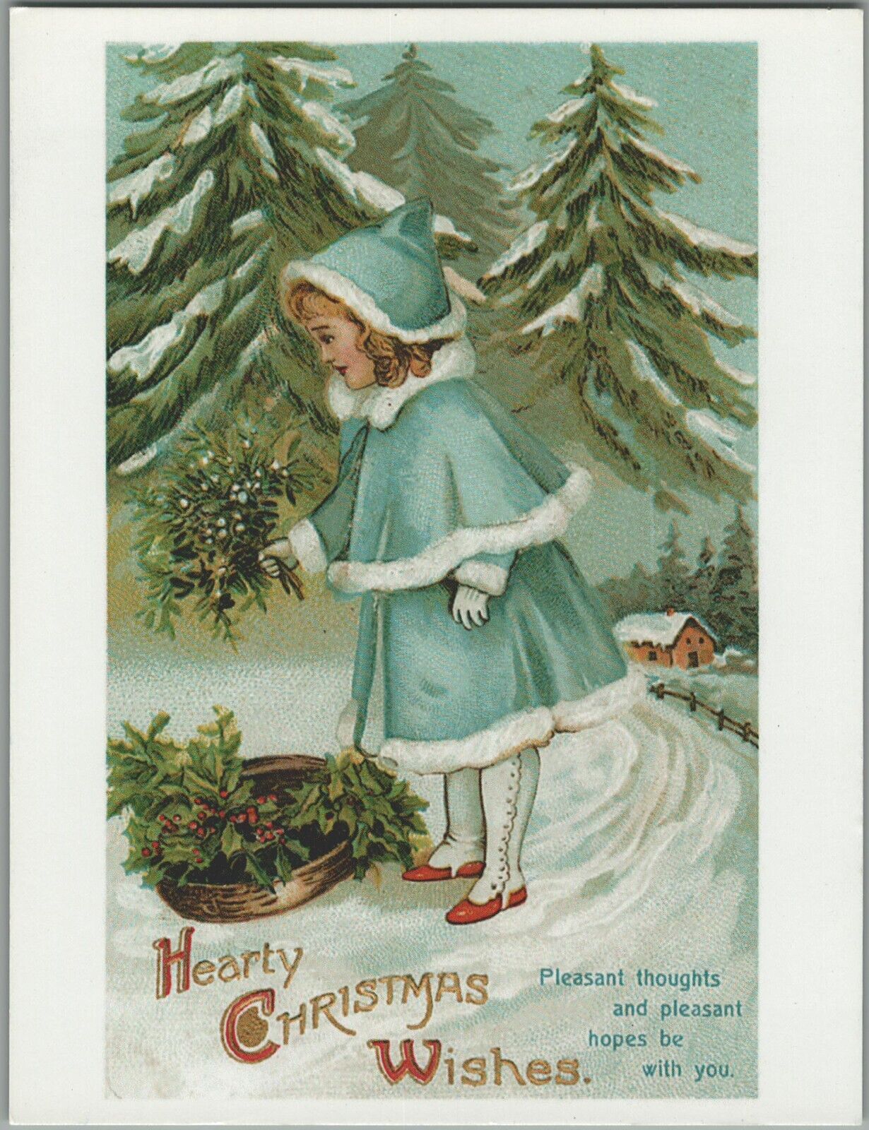 Hearty Christmas Wishes Little Girl in Snow Dressed in Blue Chrome Vg Picture