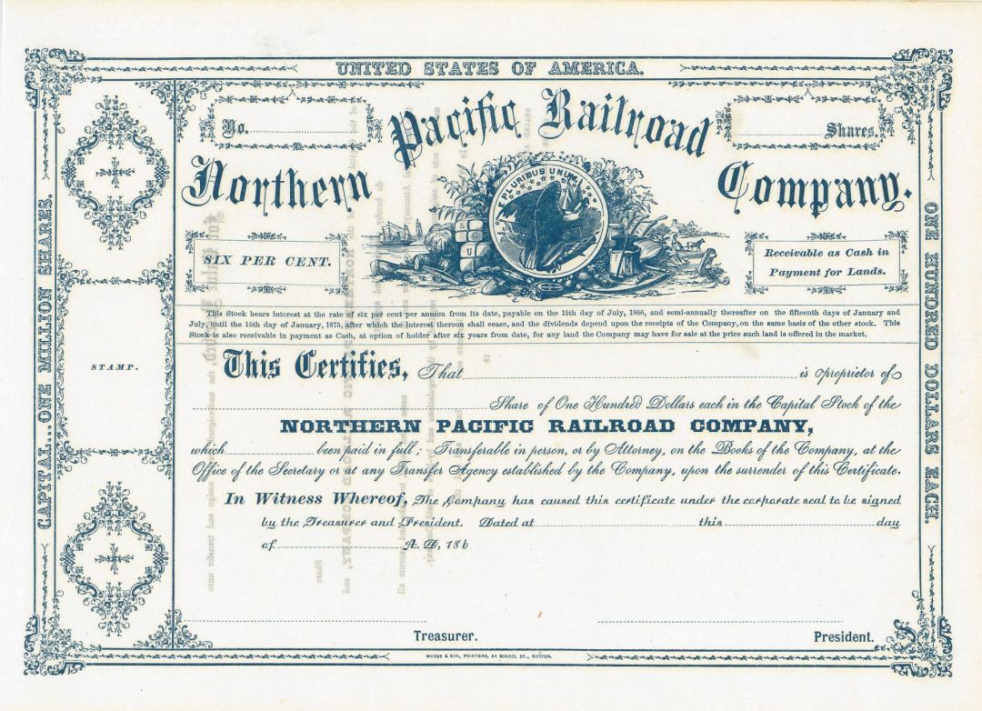 Northern Pacific Railroad Company - 1860\'s dated Rare Unissued Railway Stock Cer