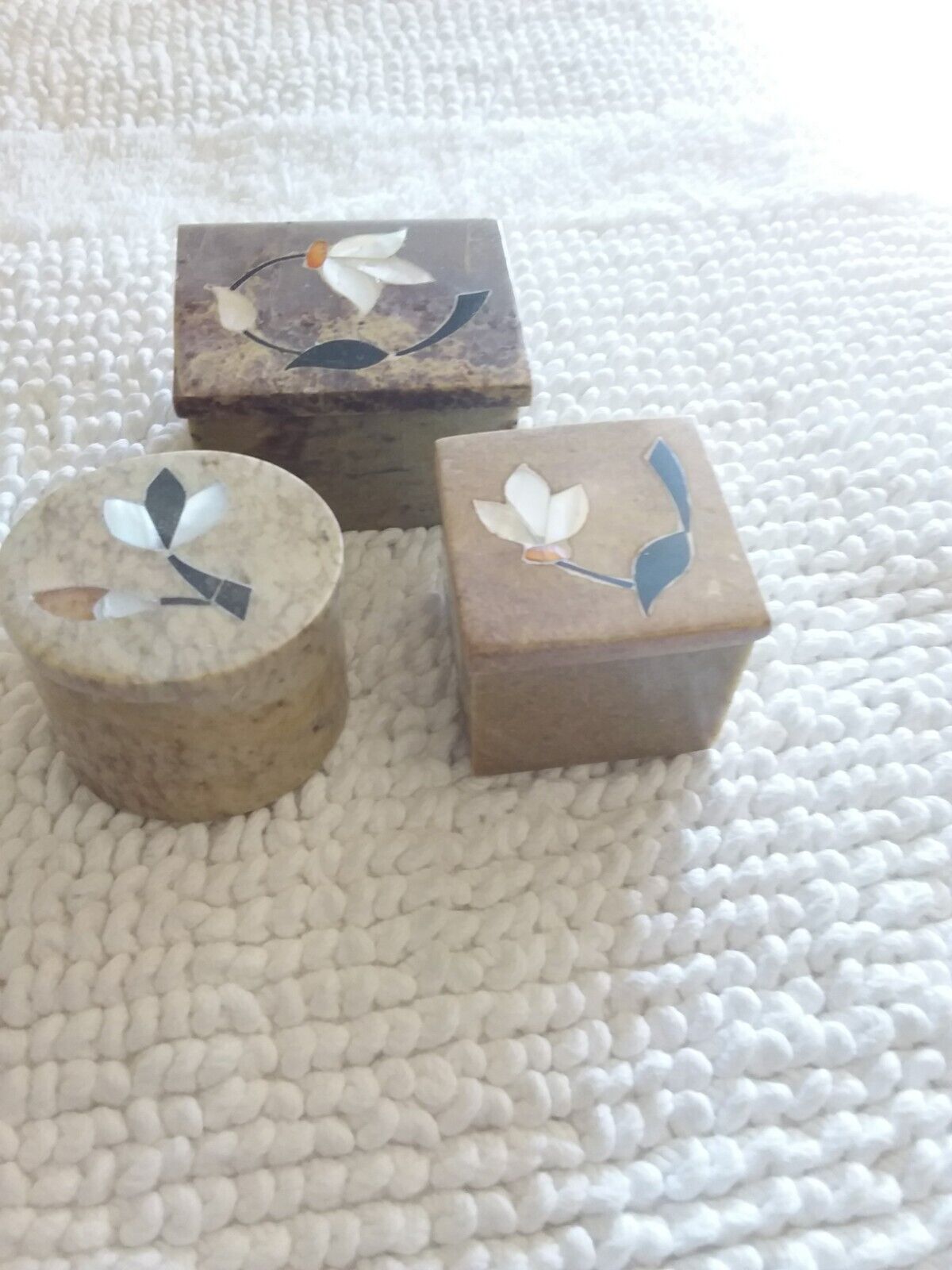  SET OF THREE Hand Carved Soap Stone Trinket Boxes Mother of Pearl Inlay Flowers