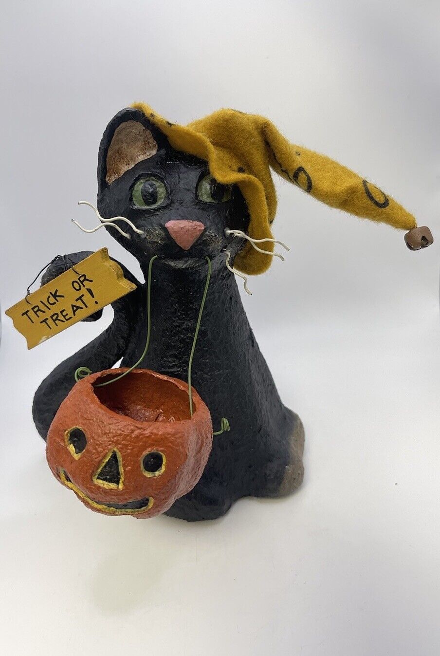Vintage Halloween Paper Mache Black Cat Pumpkin Figurine Trick Treat Unbranded