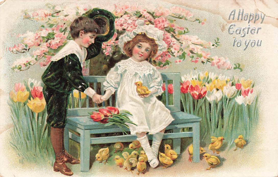 c1910 Raphael Tuck Children Boy Girl Chicks Bench  Easter P475